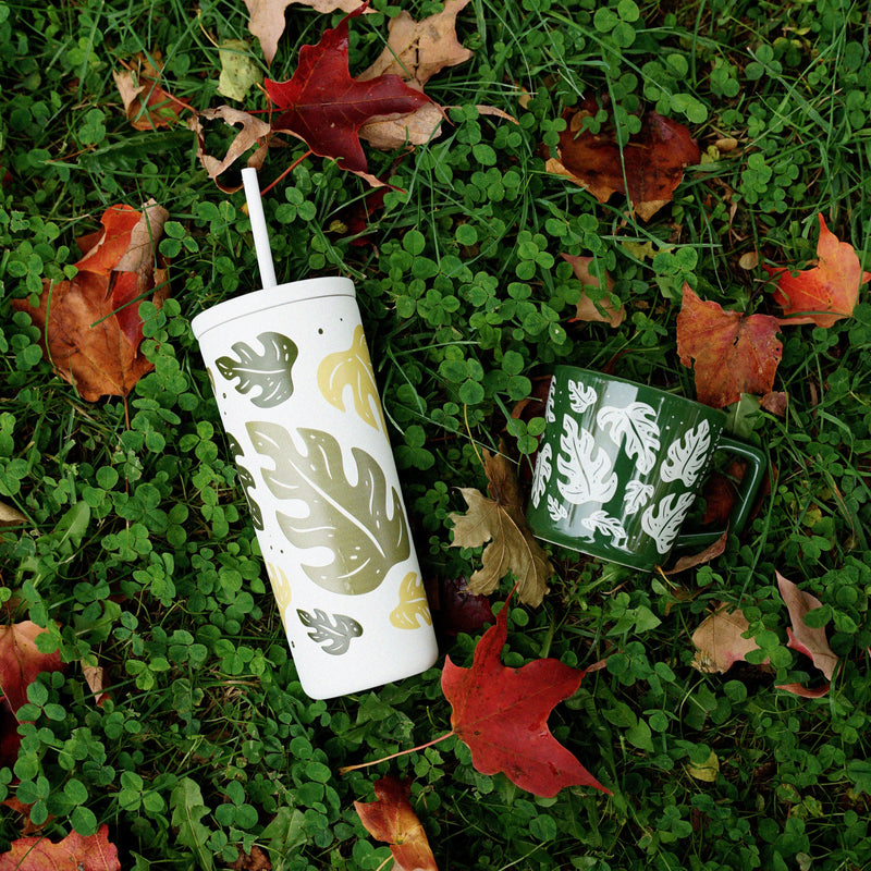 White 20oz Monstera Straw Tumbler